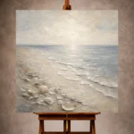 Pearl cream and blue-gray Living Room Wall Art print featuring a shell-strewn shore, delicate surf, and a misty horizon for refined coastal interiors