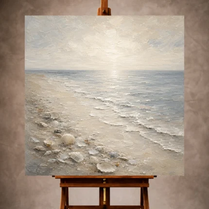 Pearl cream and blue-gray Living Room Wall Art print featuring a shell-strewn shore, delicate surf, and a misty horizon for refined coastal interiors
