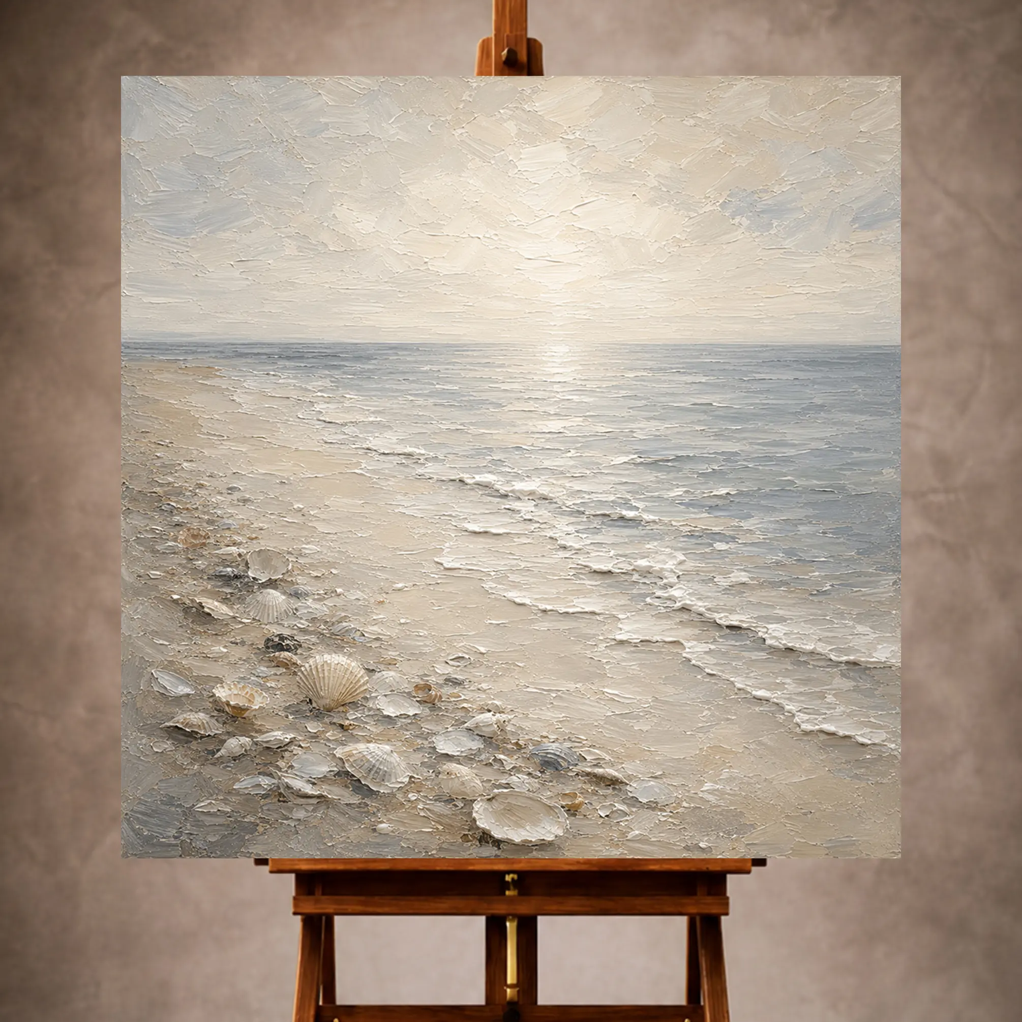 Premium Wall Art Kare Html Edition – LVNGRM069 Image 1 Pearl cream and blue-gray Living Room Wall Art print featuring a shell-strewn shore, delicate surf, and a misty horizon for refined coastal interiors