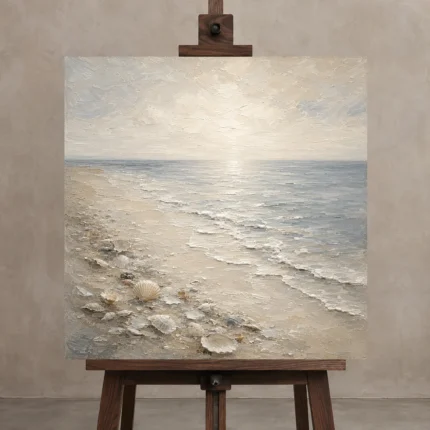 Pearl Shell Shore Coastal Living Room Wall Art Canvas Print displayed on a studio easel