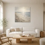 Pearl Shell Shore Coastal Living Room Wall Art Canvas Print styled in a refined neutral interior