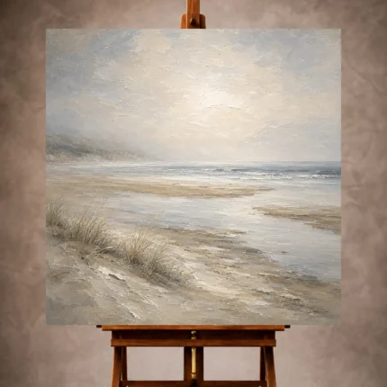 Misty blue-gray Living Room Wall Art print featuring pale sandbars, drifting sea mist, and a softened horizon for elegant coastal interiors