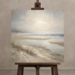 Misty Sandbars Coastal Living Room Wall Art Canvas Print displayed on a studio easel