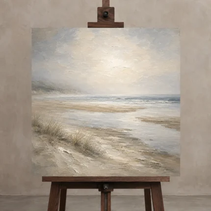 Misty Sandbars Coastal Living Room Wall Art Canvas Print displayed on a studio easel