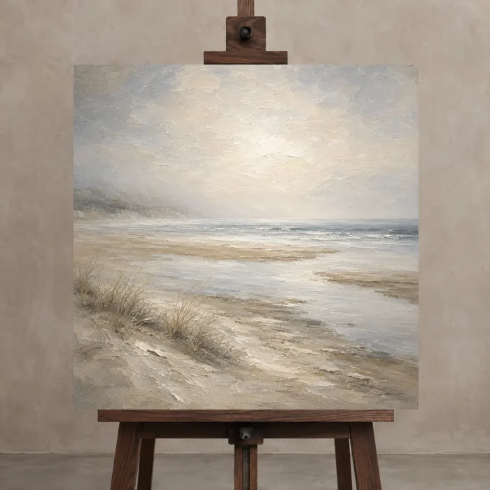 Misty Sandbars Coastal Living Room Wall Art Canvas Print displayed on a studio easel