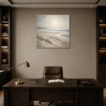 Misty Sandbars Coastal Living Room Wall Art Canvas Print displayed in a contemporary gallery-inspired room