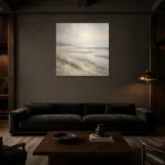 Misty Sandbars Coastal Living Room Wall Art Canvas Print shown in a warm modern interior