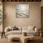 Misty Sandbars Coastal Living Room Wall Art Canvas Print presented in a sophisticated home setting