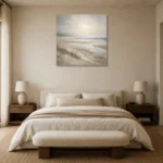 Misty Sandbars Coastal Living Room Wall Art Canvas Print showcased in an elegant minimalist interior