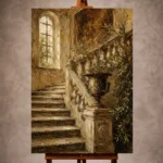 Timeless neutral Living Room Wall Art print featuring a grand limestone staircase in an elegant European villa for sophisticated interiors