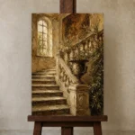 Timeless Old World Villa Staircase Living Room Wall Art Canvas Print displayed on a studio easel