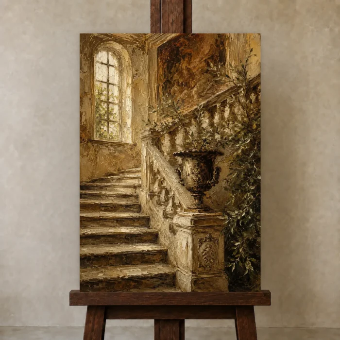 Timeless Old World Villa Staircase Living Room Wall Art Canvas Print displayed on a studio easel