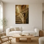 Timeless Old World Villa Staircase Living Room Wall Art Canvas Print styled in a refined neutral interior