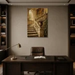 Timeless Old World Villa Staircase Living Room Wall Art Canvas Print displayed in a contemporary gallery-inspired room