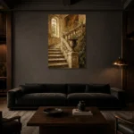 Timeless Old World Villa Staircase Living Room Wall Art Canvas Print shown in a warm modern interior