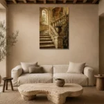 Timeless Old World Villa Staircase Living Room Wall Art Canvas Print presented in a sophisticated home setting