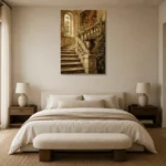 Timeless Old World Villa Staircase Living Room Wall Art Canvas Print showcased in an elegant minimalist interior