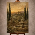 Warm neutral Living Room Wall Art print featuring a European country estate beyond olive fields with cypress trees and a stone fountain for elegant interiors