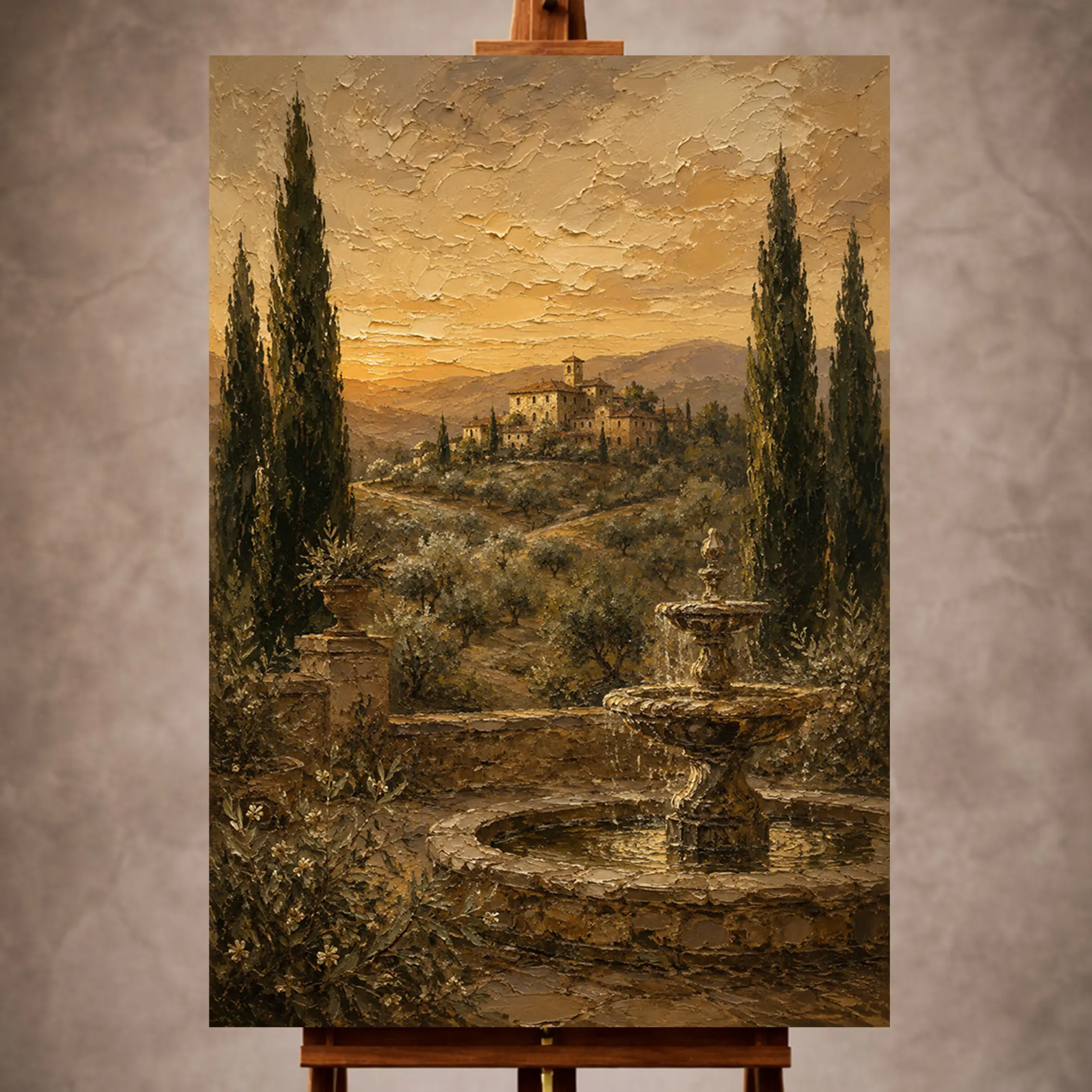 Premium Wall Art Dikey Html Edition – LVNGRM072 Image 1 Warm neutral Living Room Wall Art print featuring a European country estate beyond olive fields with cypress trees and a stone fountain for elegant interiors