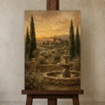 Serene Old World Country Estate Living Room Wall Art Canvas Print displayed on a studio easel