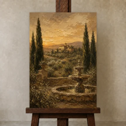 Serene Old World Country Estate Living Room Wall Art Canvas Print shown in Studio Easel