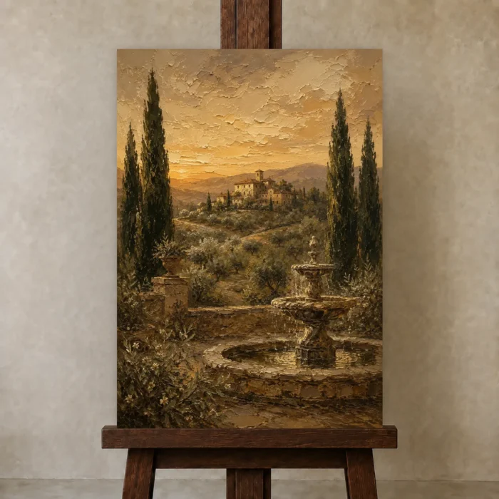 Serene Old World Country Estate Living Room Wall Art Canvas Print displayed on a studio easel