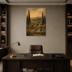 Serene Old World Country Estate Living Room Wall Art Canvas Print displayed in a contemporary gallery-inspired room