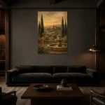 Serene Old World Country Estate Living Room Wall Art Canvas Print shown in a warm modern interior