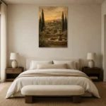 Serene Old World Country Estate Living Room Wall Art Canvas Print showcased in an elegant minimalist interior