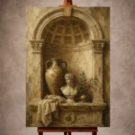 Warm neutral Living Room Wall Art print featuring a classical architectural alcove with an aged amphora, marble bust fragment, and olive branch for elegant interiors