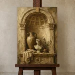 Classical Architectural Alcove Living Room Wall Art Canvas Print displayed on a studio easel