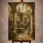 Warm neutral Living Room Wall Art print featuring an Italianate courtyard with a stone fountain, classical columns, climbing vines, and terracotta vessels for elegant interiors