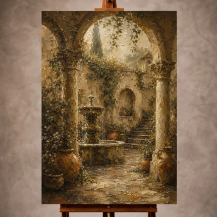 Warm neutral Living Room Wall Art print featuring an Italianate courtyard with a stone fountain, classical columns, climbing vines, and terracotta vessels for elegant interiors