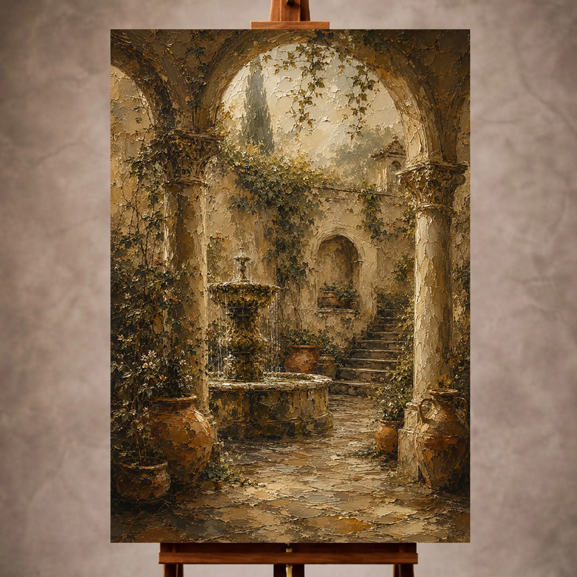 Premium Wall Art Dikey Html Edition – LVNGRM074 Image 1 Warm neutral Living Room Wall Art print featuring an Italianate courtyard with a stone fountain, classical columns, climbing vines, and terracotta vessels for elegant interiors