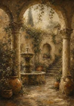 Romantic Italianate Courtyard Living Room Wall Art Canvas Print