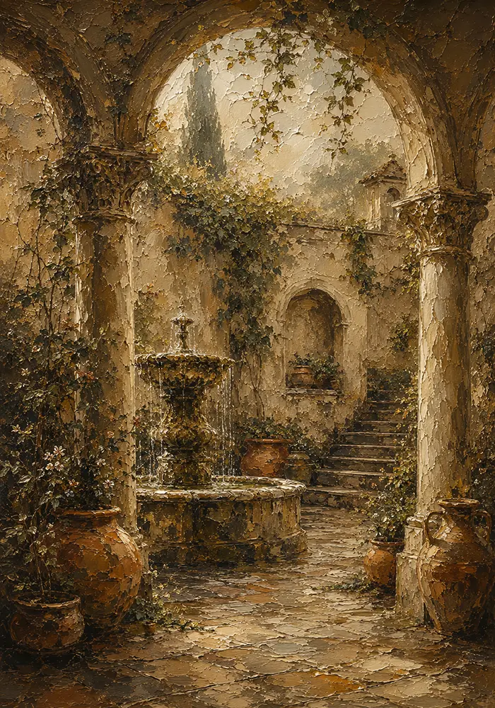 Romantic Italianate Courtyard Living Room Wall Art Canvas Print