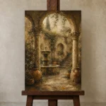 Romantic Italianate Courtyard Living Room Wall Art Canvas Print displayed on a studio easel