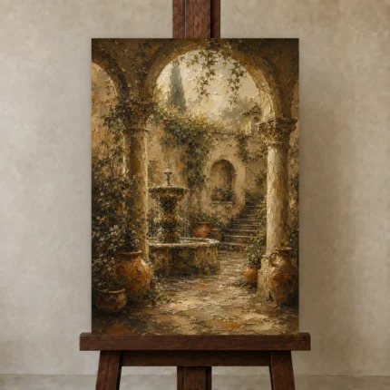 Romantic Italianate Courtyard Living Room Wall Art Canvas Print shown in Studio Easel