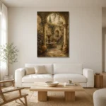 Romantic Italianate Courtyard Living Room Wall Art Canvas Print styled in a refined neutral interior