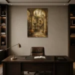 Romantic Italianate Courtyard Living Room Wall Art Canvas Print displayed in a contemporary gallery-inspired room