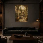 Romantic Italianate Courtyard Living Room Wall Art Canvas Print shown in a warm modern interior