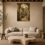 Romantic Italianate Courtyard Living Room Wall Art Canvas Print presented in a sophisticated home setting