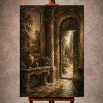Warm neutral Living Room Wall Art print featuring a grand European vestibule with monumental columns, antique ceramics, and a sunlit garden doorway for elegant interiors