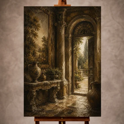 Warm neutral Living Room Wall Art print featuring a grand European vestibule with monumental columns, antique ceramics, and a sunlit garden doorway for elegant interiors