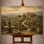 Warm neutral Living Room Wall Art print featuring a grand Tuscan estate with olive groves, cypress trees, and a weathered stone fountain for elegant interiors