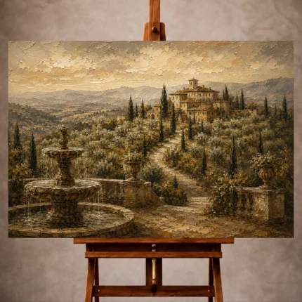 Warm neutral Living Room Wall Art print featuring a grand Tuscan estate with olive groves, cypress trees, and a weathered stone fountain for elegant interiors