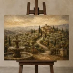 Grand Tuscan Estate Living Room Wall Art Canvas Print displayed on a studio easel