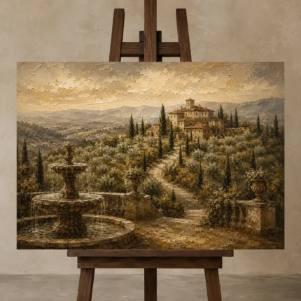 Grand Tuscan Estate Living Room Wall Art Canvas Print shown in Studio Easel