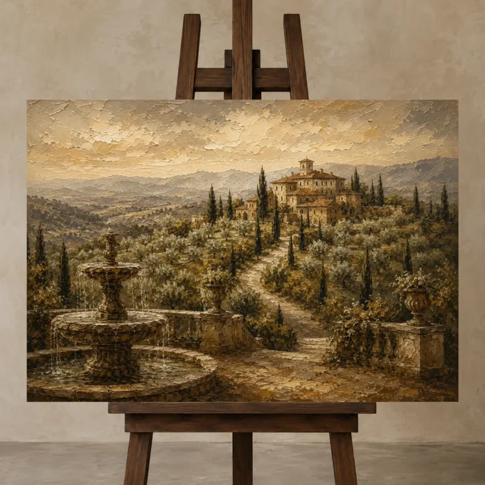 Grand Tuscan Estate Living Room Wall Art Canvas Print displayed on a studio easel
