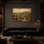 Grand Tuscan Estate Living Room Wall Art Canvas Print shown in a warm modern interior